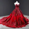 High-end Red Red Carpet See-through Evening Dresses  2023 A-Line / Princess Scoop Neck Sleeveless Appliques Lace Sequins Cathedral Train Ruffle Backless