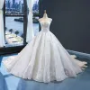 High-end Red Red Carpet See-through Evening Dresses  2023 A-Line / Princess Scoop Neck Sleeveless Appliques Lace Sequins Cathedral Train Ruffle Backless