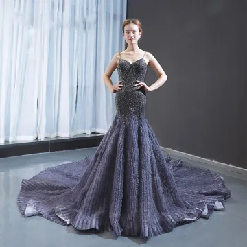 Luxury Gorgeous Navy Blue Red Carpet Evening Dresses 2023 Trumpet Mermaid Spaghetti Straps Sleeveless Handmade Beading Cathedral Train Ruffle Backless Formal Dresses