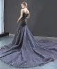 Luxury / Gorgeous Navy Blue Red Carpet Evening Dresses  2023 Trumpet / Mermaid Spaghetti Straps Sleeveless Handmade  Beading Cathedral Train Ruffle Backless Formal Dresses