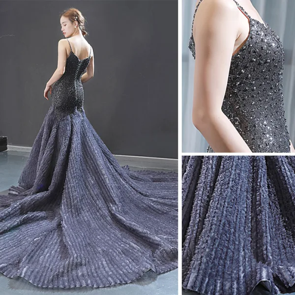 Luxus / Herrlich Marineblau Roter Teppich Abendkleider 2023 Meerjungfrau Spaghettiträger Ärmellos Handgefertigt Perlenstickerei Kathedrale Schleppe Rüschen Rückenfreies Festliche Kleider