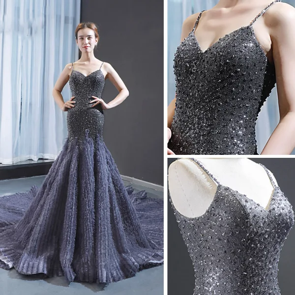 Luxus / Herrlich Marineblau Roter Teppich Abendkleider 2023 Meerjungfrau Spaghettiträger Ärmellos Handgefertigt Perlenstickerei Kathedrale Schleppe Rüschen Rückenfreies Festliche Kleider