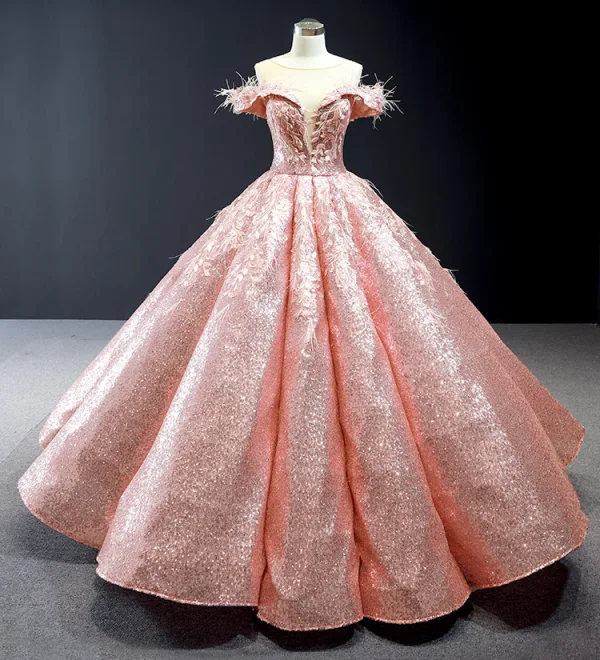 Glitzernden Pink Pailletten Tanzen Ballkleider 2023 Ballkleid Durchsichtige Rundhalsausschnitt Kurze Ärmel Applikationen Spitze Feder Lange Rüschen Rückenfreies