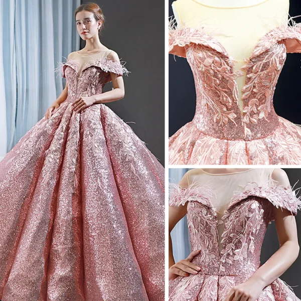 Glitzernden Pink Pailletten Tanzen Ballkleider 2023 Ballkleid Durchsichtige Rundhalsausschnitt Kurze Ärmel Applikationen Spitze Feder Lange Rüschen Rückenfreies