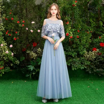 Discount Sky Blue Bridesmaid Dresses 2019 A Line Princess Sash Appliques Lace Floor Length Long Ruffle Backless Wedding Party Dresses