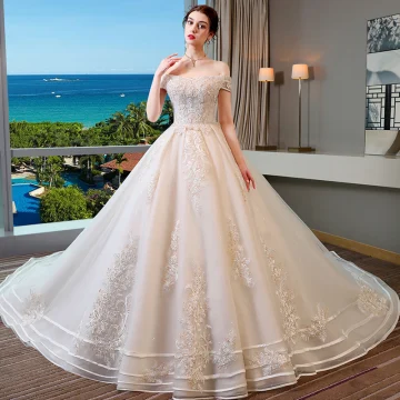 Chic Beautiful Champagne Wedding Dresses 2019 A Line Princess Off The Shoulder Short Sleeve Backless Appliques Lace Beading Pearl Sequins Glitter Tulle Chapel Train Ruffle
