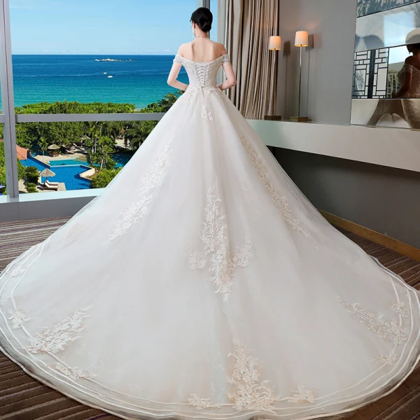 Chic / Beautiful Champagne Wedding Dresses 2019 A-Line / Princess Off-The-Shoulder Short Sleeve Backless Appliques Lace Beading Pearl Sequins Glitter Tulle Chapel Train Ruffle