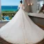 Chic / Beautiful Champagne Wedding Dresses 2019 A-Line / Princess Off-The-Shoulder Short Sleeve Backless Appliques Lace Beading Pearl Sequins Glitter Tulle Chapel Train Ruffle