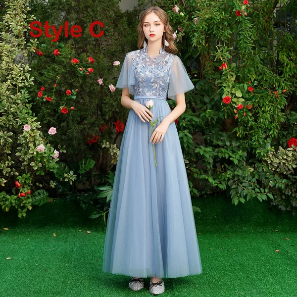 Discount Sky Blue Bridesmaid Dresses 2019 A-Line / Princess Sash Appliques Lace Floor-Length / Long Ruffle Backless Wedding Party Dresses