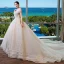 Chic / Beautiful Champagne Wedding Dresses 2019 A-Line / Princess Off-The-Shoulder Short Sleeve Backless Appliques Lace Beading Pearl Sequins Glitter Tulle Chapel Train Ruffle