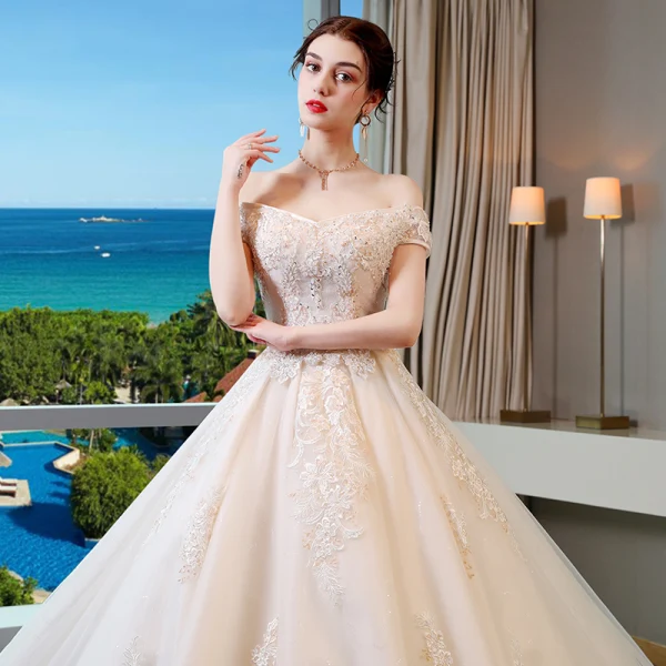 Chic / Beautiful Champagne Wedding Dresses 2019 A-Line / Princess Off-The-Shoulder Short Sleeve Backless Appliques Lace Beading Pearl Sequins Glitter Tulle Chapel Train Ruffle
