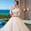 Chic / Beautiful Champagne Wedding Dresses 2019 A-Line / Princess Off-The-Shoulder Short Sleeve Backless Appliques Lace Beading Pearl Sequins Glitter Tulle Chapel Train Ruffle