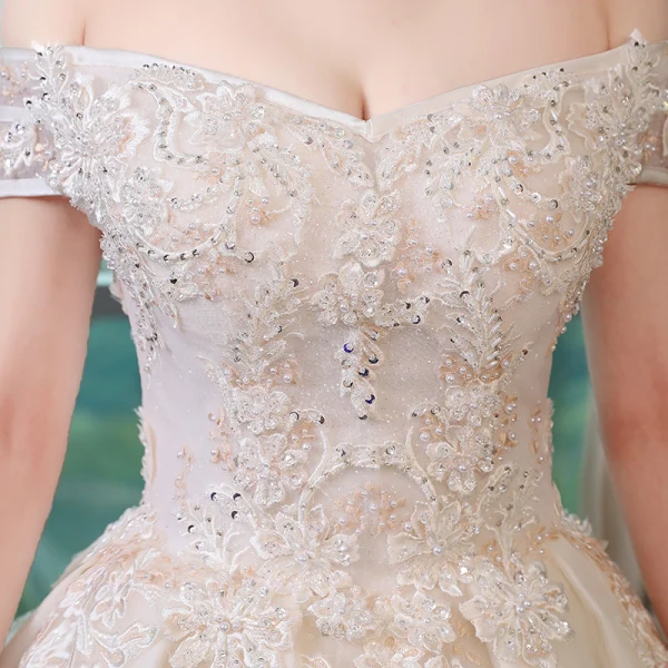 Chic / Beautiful Champagne Wedding Dresses 2019 A-Line / Princess Off-The-Shoulder Short Sleeve Backless Appliques Lace Beading Pearl Sequins Glitter Tulle Chapel Train Ruffle