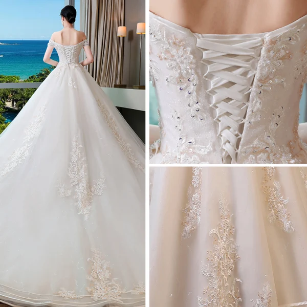 Chic / Beautiful Champagne Wedding Dresses 2019 A-Line / Princess Off-The-Shoulder Short Sleeve Backless Appliques Lace Beading Pearl Sequins Glitter Tulle Chapel Train Ruffle