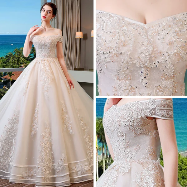 Chic / Beautiful Champagne Wedding Dresses 2019 A-Line / Princess Off-The-Shoulder Short Sleeve Backless Appliques Lace Beading Pearl Sequins Glitter Tulle Chapel Train Ruffle