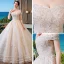 Chic / Beautiful Champagne Wedding Dresses 2019 A-Line / Princess Off-The-Shoulder Short Sleeve Backless Appliques Lace Beading Pearl Sequins Glitter Tulle Chapel Train Ruffle