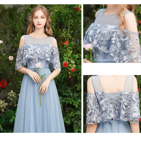 Discount Sky Blue Bridesmaid Dresses 2019 A-Line / Princess Sash Appliques Lace Floor-Length / Long Ruffle Backless Wedding Party Dresses