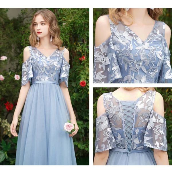 Discount Sky Blue Bridesmaid Dresses 2019 A-Line / Princess Sash Appliques Lace Floor-Length / Long Ruffle Backless Wedding Party Dresses