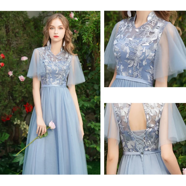 Discount Sky Blue Bridesmaid Dresses 2019 A-Line / Princess Sash Appliques Lace Floor-Length / Long Ruffle Backless Wedding Party Dresses