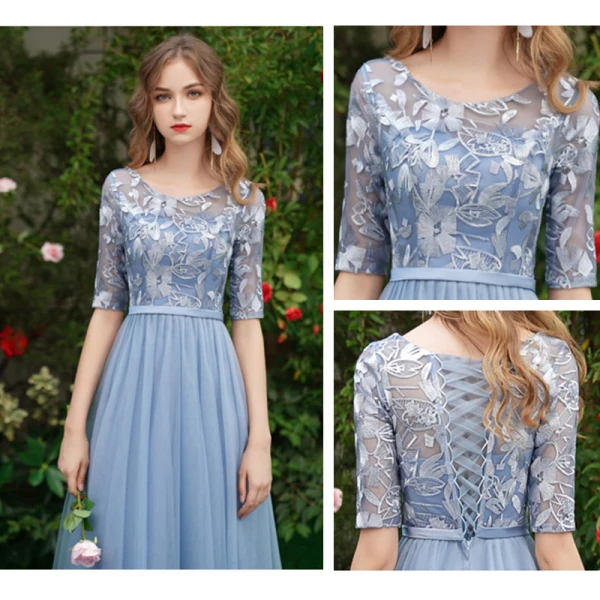 Discount Sky Blue Bridesmaid Dresses 2019 A-Line / Princess Sash Appliques Lace Floor-Length / Long Ruffle Backless Wedding Party Dresses