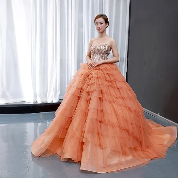 High-end Orange Prom Dresses 2023 Ball Gown Sweetheart Sleeveless Handmade  Beading Chapel Train Cascading Ruffles Backless Formal Dresses