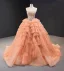 High-end Orange Ballkjoler 2023 Ballkjole Kjæreste Uten Ermer Håndlaget Beading Chapel Train Gripende Ruffles Ryggløse Formelle Kjoler