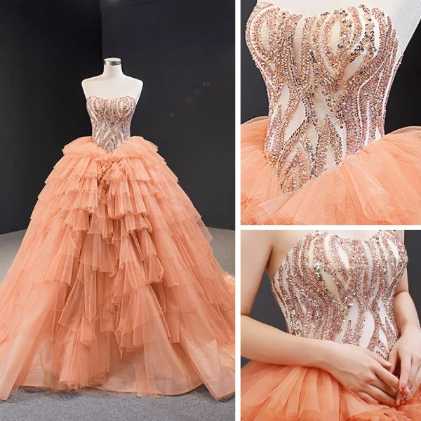 High-end Orange Ballkjoler 2023 Ballkjole Kjæreste Uten Ermer Håndlaget Beading Chapel Train Gripende Ruffles Ryggløse Formelle Kjoler
