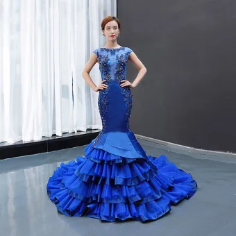 Luxe Bleu Roi Transparentes Robe De Soirée 2023 Trompette Sirène Encolure Carrée Sans Manches Appliques En Dentelle Perlage Tribunal Train Volants Dos Nu Robe De Ceremonie