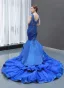 Luxe Bleu Roi Transparentes Robe De Soirée 2023 Trompette / Sirène Encolure Carrée Sans Manches Appliques En Dentelle Perlage Tribunal Train Volants Dos Nu Robe De Ceremonie