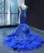 Luxe Bleu Roi Transparentes Robe De Soirée 2023 Trompette / Sirène Encolure Carrée Sans Manches Appliques En Dentelle Perlage Tribunal Train Volants Dos Nu Robe De Ceremonie