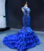 Luxe Bleu Roi Transparentes Robe De Soirée 2023 Trompette / Sirène Encolure Carrée Sans Manches Appliques En Dentelle Perlage Tribunal Train Volants Dos Nu Robe De Ceremonie