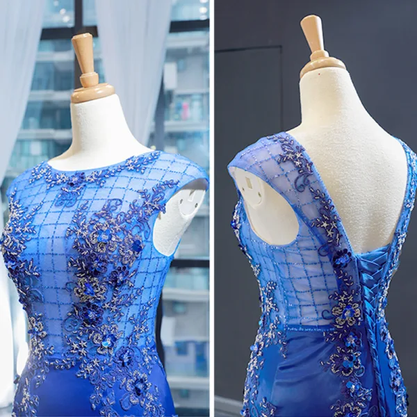Luxe Bleu Roi Transparentes Robe De Soirée 2023 Trompette / Sirène Encolure Carrée Sans Manches Appliques En Dentelle Perlage Tribunal Train Volants Dos Nu Robe De Ceremonie