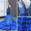 Luxe Bleu Roi Transparentes Robe De Soirée 2023 Trompette / Sirène Encolure Carrée Sans Manches Appliques En Dentelle Perlage Tribunal Train Volants Dos Nu Robe De Ceremonie