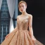 Scintillantes Champagne Paillettes Dansant Robe De Bal 2023 Robe Boule Transparentes Encolure Dégagée Sans Manches Longue Volants Dos Nu Robe De Ceremonie
