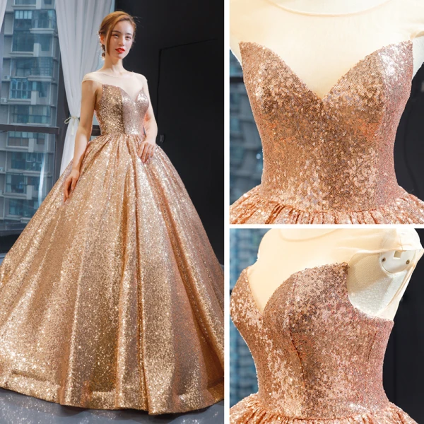 Scintillantes Champagne Paillettes Dansant Robe De Bal 2023 Robe Boule Transparentes Encolure Dégagée Sans Manches Longue Volants Dos Nu Robe De Ceremonie