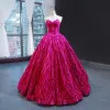Luxury / Gorgeous Fuchsia Dancing Prom Dresses 2023 Ball Gown Sweetheart Sleeveless Appliques Lace Beading Floor-Length / Long Ruffle Backless Formal Dresses