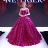 Luxury / Gorgeous Fuchsia Dancing Prom Dresses 2023 Ball Gown Sweetheart Sleeveless Appliques Lace Beading Floor-Length / Long Ruffle Backless Formal Dresses