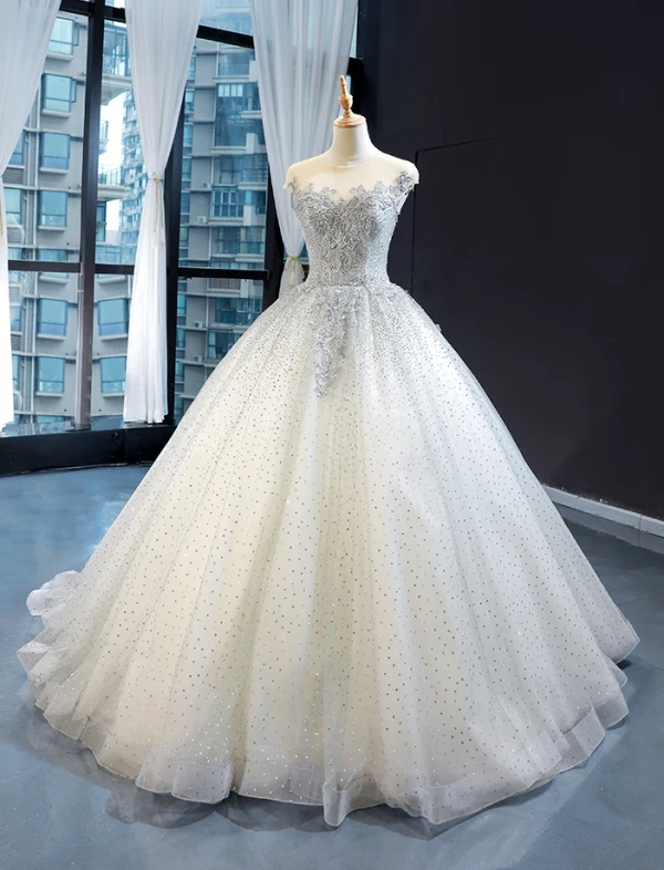 Charmant Grau Durchsichtige Ballkleider 2023 Ballkleid Eckiger Ausschnitt Ärmellos Applikationen Spitze Perlenstickerei Glanz Tülle Sweep / Pinsel Zug Rüschen Rückenfreies