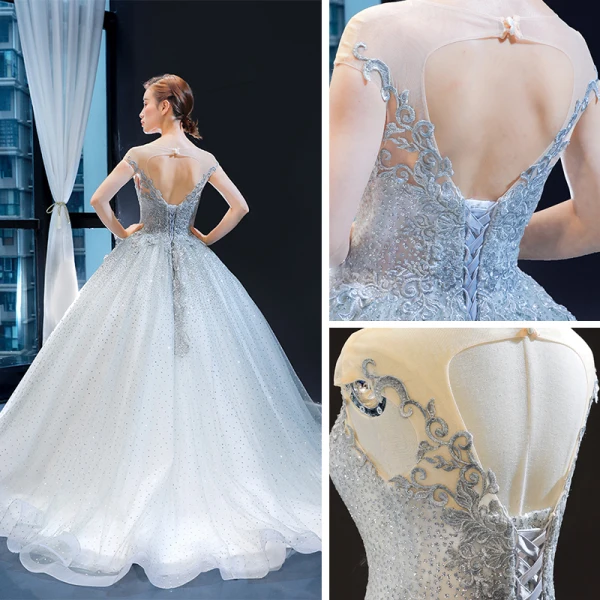 Charmant Grau Durchsichtige Ballkleider 2023 Ballkleid Eckiger Ausschnitt Ärmellos Applikationen Spitze Perlenstickerei Glanz Tülle Sweep / Pinsel Zug Rüschen Rückenfreies