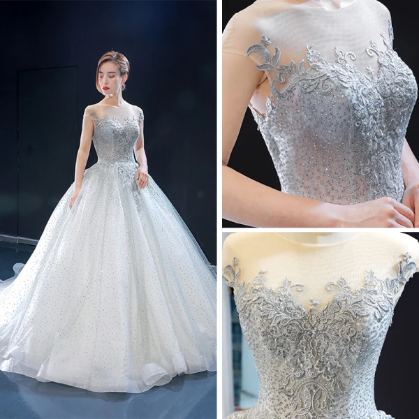 Charmant Grau Durchsichtige Ballkleider 2023 Ballkleid Eckiger Ausschnitt Ärmellos Applikationen Spitze Perlenstickerei Glanz Tülle Sweep / Pinsel Zug Rüschen Rückenfreies