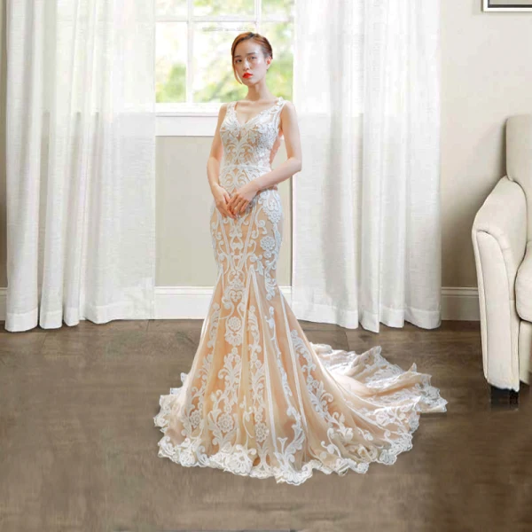 Luxury / Gorgeous Champagne Wedding Dresses 2023 Trumpet / Mermaid V-Neck Sleeveless Backless Appliques Lace Chapel Train Ruffle