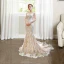 Luxury / Gorgeous Champagne Wedding Dresses 2023 Trumpet / Mermaid V-Neck Sleeveless Backless Appliques Lace Chapel Train Ruffle