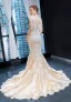 Luxury / Gorgeous Champagne Wedding Dresses 2023 Trumpet / Mermaid V-Neck Sleeveless Backless Appliques Lace Chapel Train Ruffle