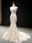 Luxury / Gorgeous Champagne Wedding Dresses 2023 Trumpet / Mermaid V-Neck Sleeveless Backless Appliques Lace Chapel Train Ruffle