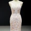 Luxury / Gorgeous Champagne Wedding Dresses 2023 Trumpet / Mermaid V-Neck Sleeveless Backless Appliques Lace Chapel Train Ruffle