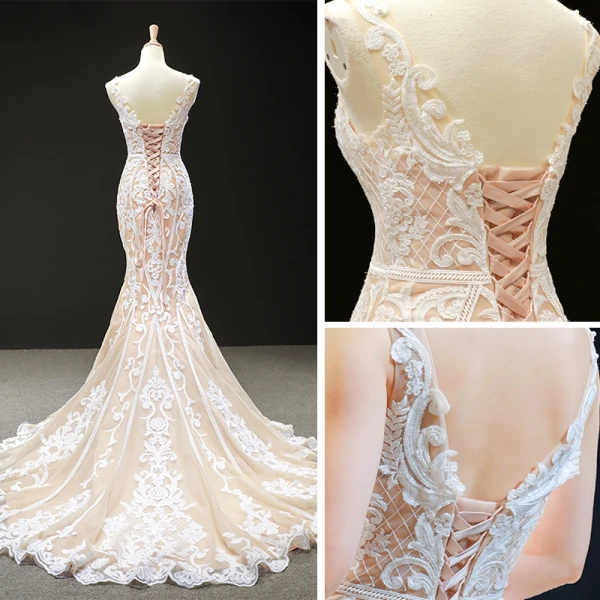 Luxury / Gorgeous Champagne Wedding Dresses 2023 Trumpet / Mermaid V-Neck Sleeveless Backless Appliques Lace Chapel Train Ruffle