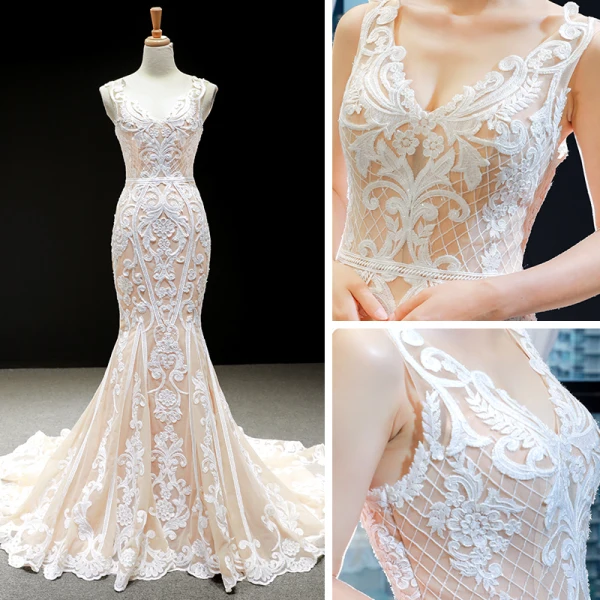 Luxury / Gorgeous Champagne Wedding Dresses 2023 Trumpet / Mermaid V-Neck Sleeveless Backless Appliques Lace Chapel Train Ruffle