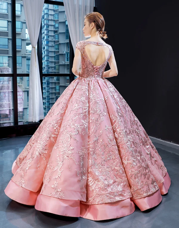 Luxury / Gorgeous Pearl Pink Dancing Prom Dresses 2023 Ball Gown Square Neckline Sleeveless Pierced Appliques Lace Sequins Floor-Length / Long Ruffle Backless Satin