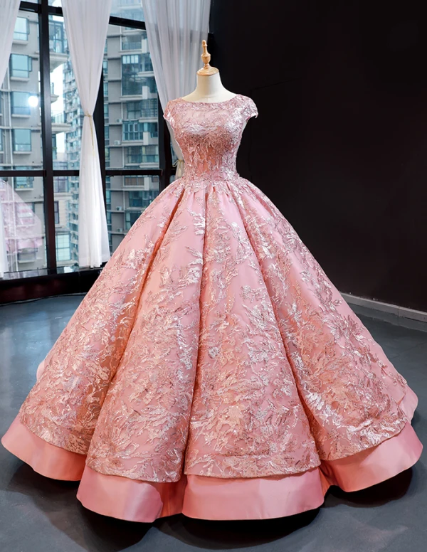 Luxury / Gorgeous Pearl Pink Dancing Prom Dresses 2023 Ball Gown Square Neckline Sleeveless Pierced Appliques Lace Sequins Floor-Length / Long Ruffle Backless Satin