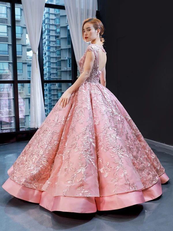 Luxury / Gorgeous Pearl Pink Dancing Prom Dresses 2023 Ball Gown Square Neckline Sleeveless Pierced Appliques Lace Sequins Floor-Length / Long Ruffle Backless Satin